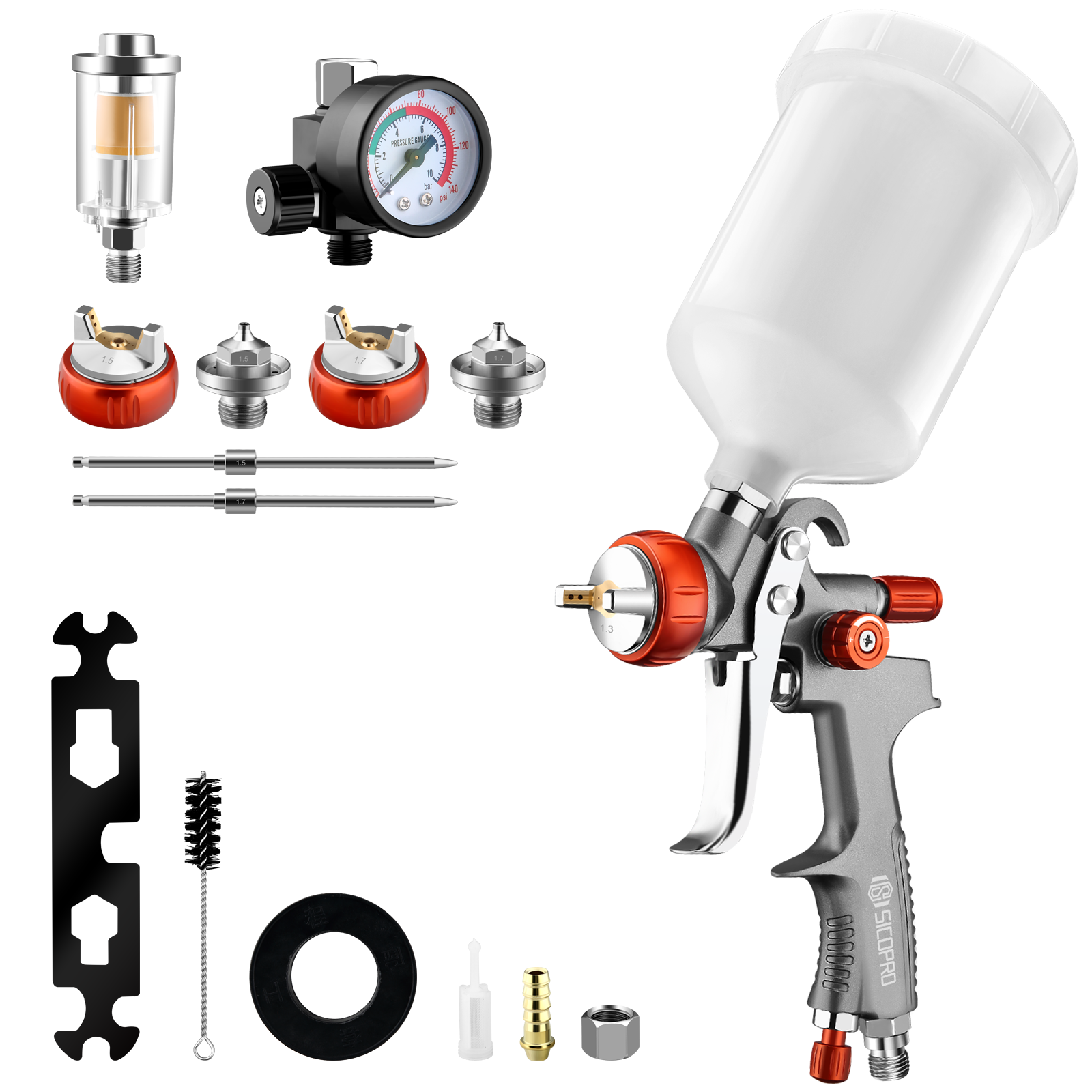 Multifunctional HVLP Air Spray Gun Kit with Nozzles, Regulator & Filter