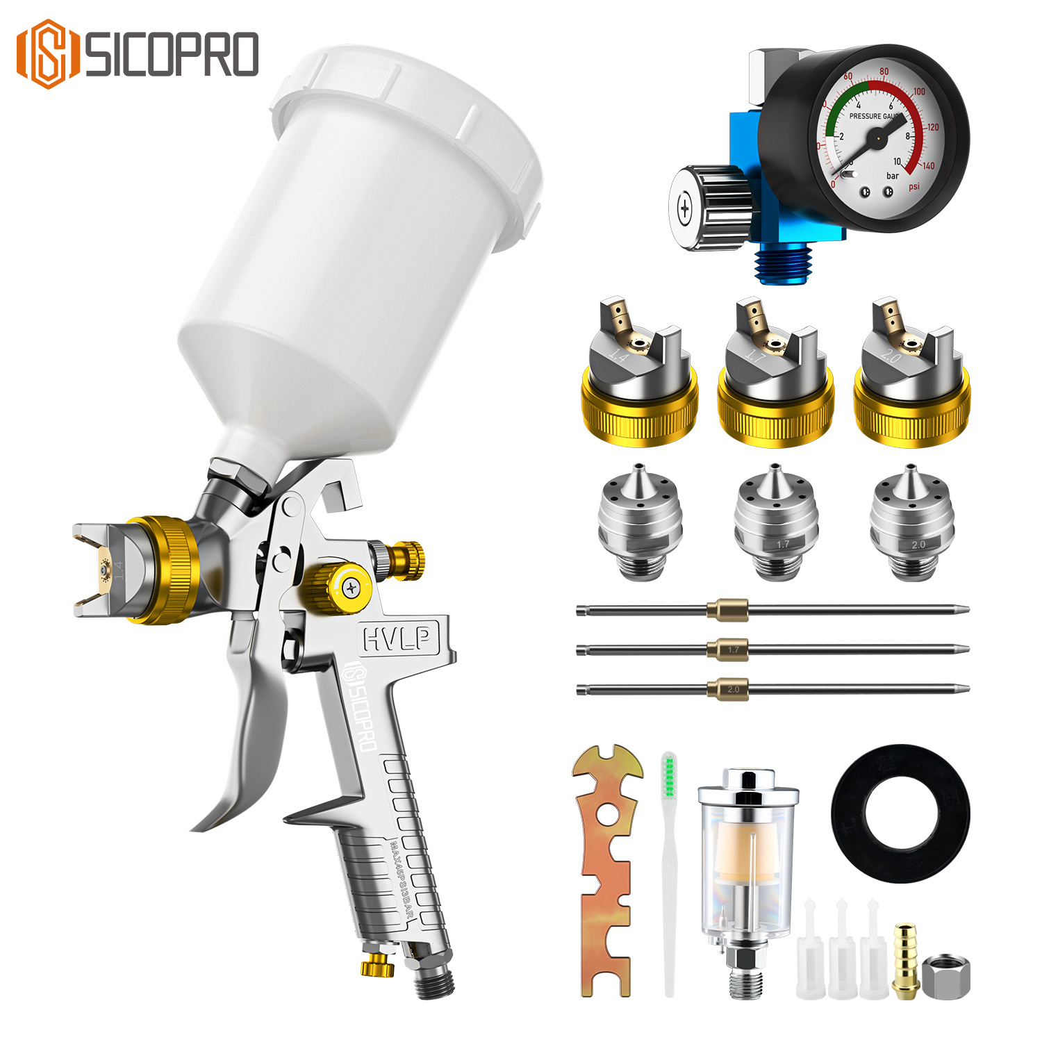 H-827A LVLP Spray Gun Full Kit – 3 Nozzles, Plastic Cup, Pressure Regulator & Accessories