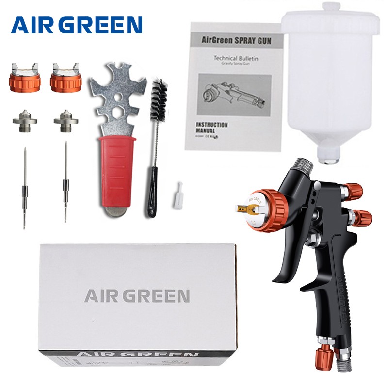AirGreen HVLP Gravity Spray Gun Full Kit – Red Control Professional Paint Gun 1.3mm with Accessories