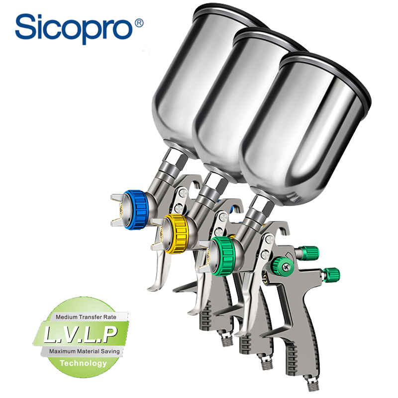 SICOPRO LVLP Spray Gun Set – 3-Piece Gravity Feed Paint Guns with Stainless Steel Cups for Basecoat, Clearcoat & Primer Applications