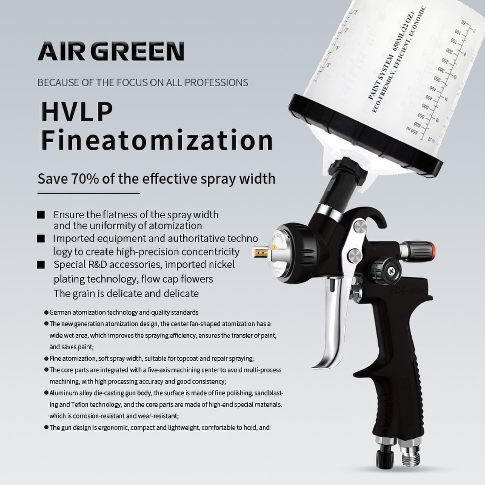 SK-100 LVLP Professional Refinish Spray Gun with 650ml PPS Cup