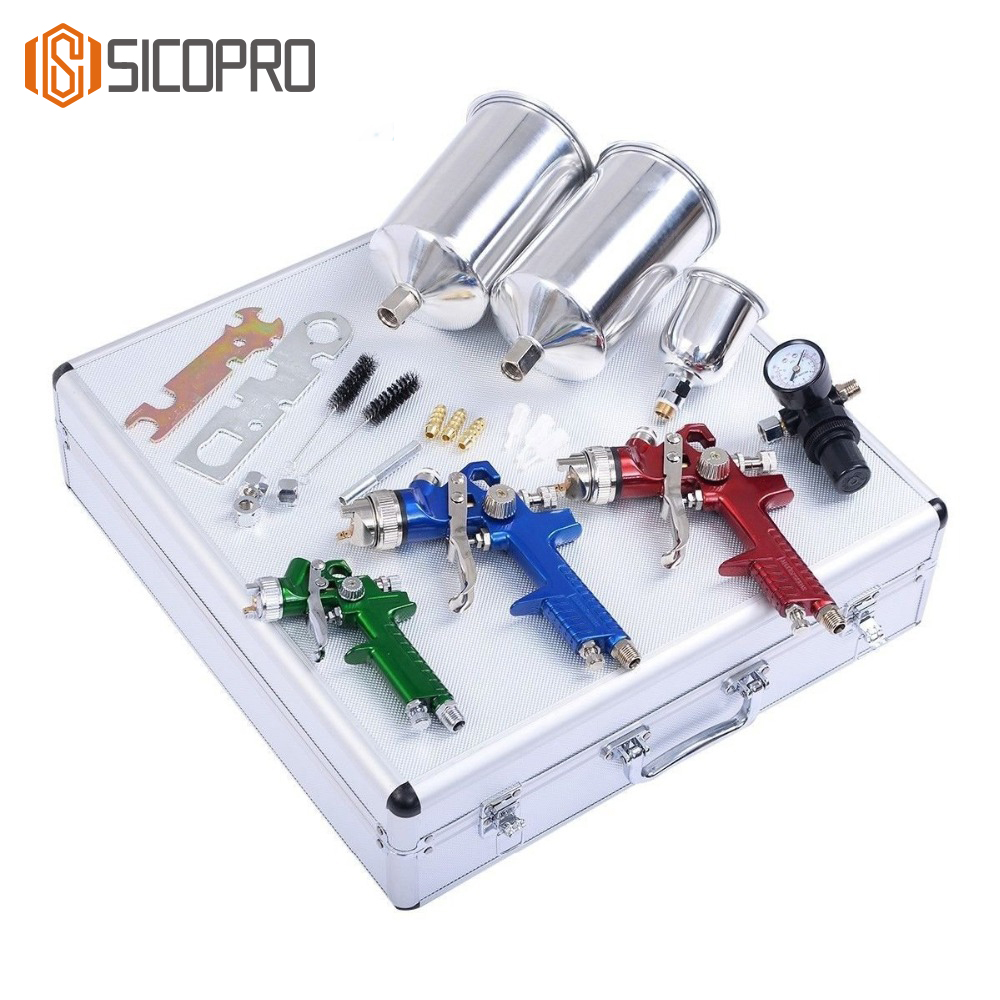 SICOPRO LVLP Spray Gun Kit with Aluminum Cups – 3-Color Set with Case for Automotive & Furniture Refinishing
