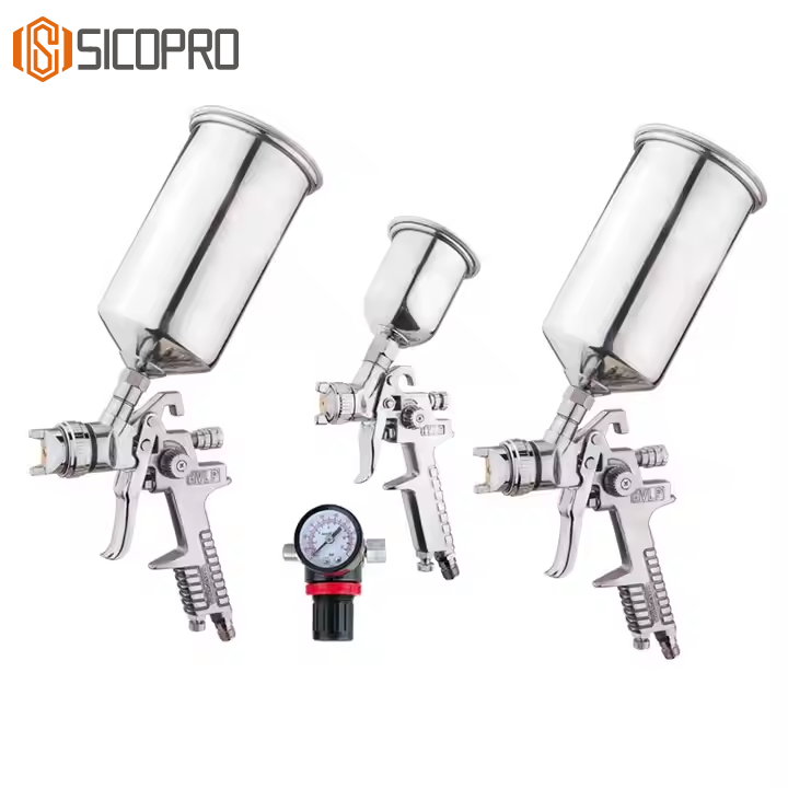 Chrome LVLP Spray Gun Kit – 3 Chrome-Finish Guns with Aluminum Cups and Gauge for Automotive & Woodwork Painting