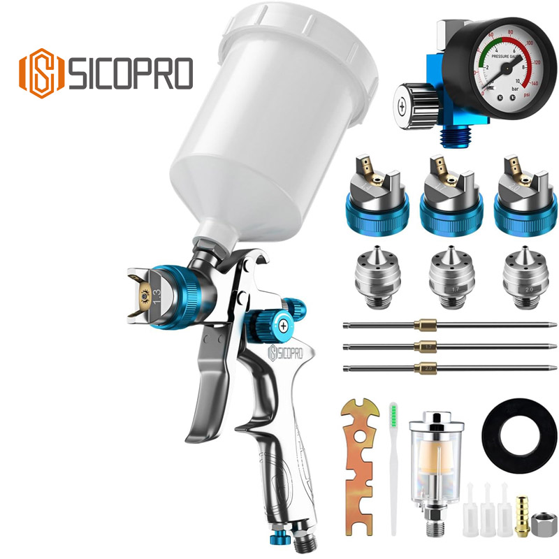 SICOPRO HVLP 887 Spray Gun Kit – High Precision Paint Sprayer Set with Blue Nozzles and Accessories