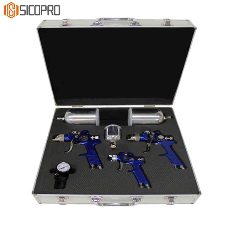 SICOPRO Blue LVLP Spray Gun Kit – 3 Spray Guns with Aluminum Cups and Case for Automotive & Furniture Finishing