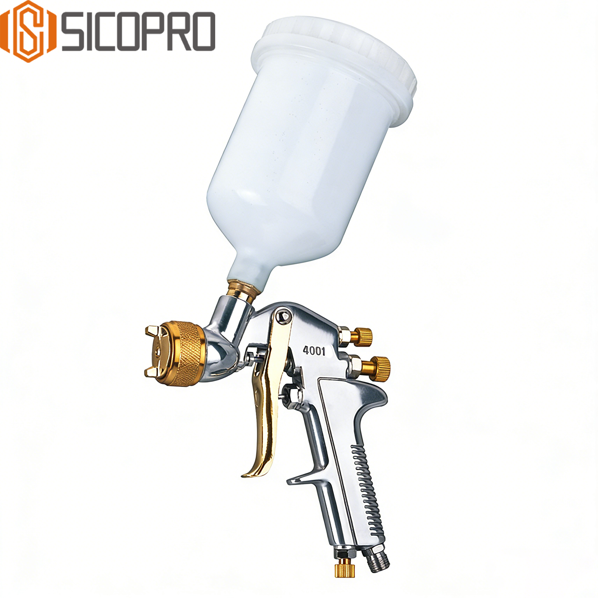 SICOPRO 4001P LVLP Spray Gun - Silver with Gold Adjusters