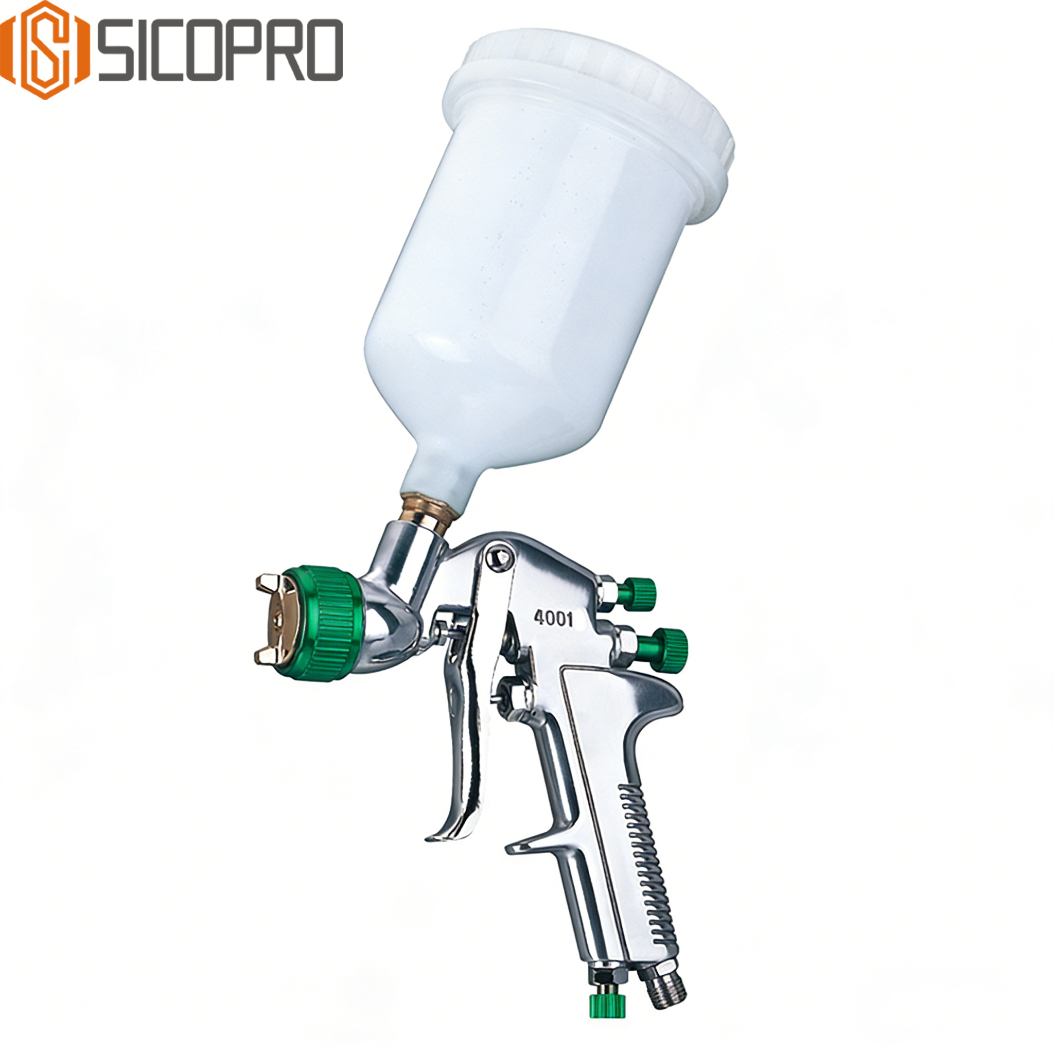 SICOPRO 4001P LVLP Spray Gun - Silver with Green Adjusters