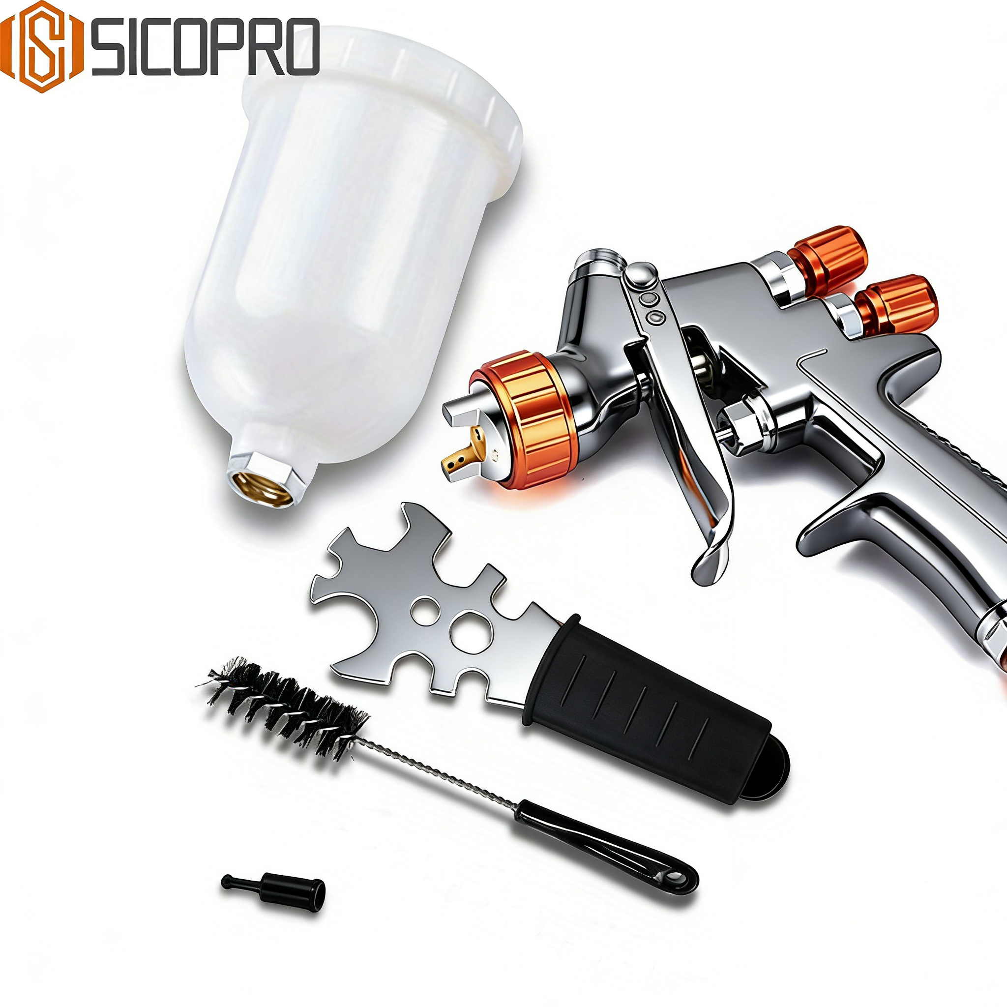 Chrome LVLP Spray Gun MP-791 with Orange Adjusters and Tools