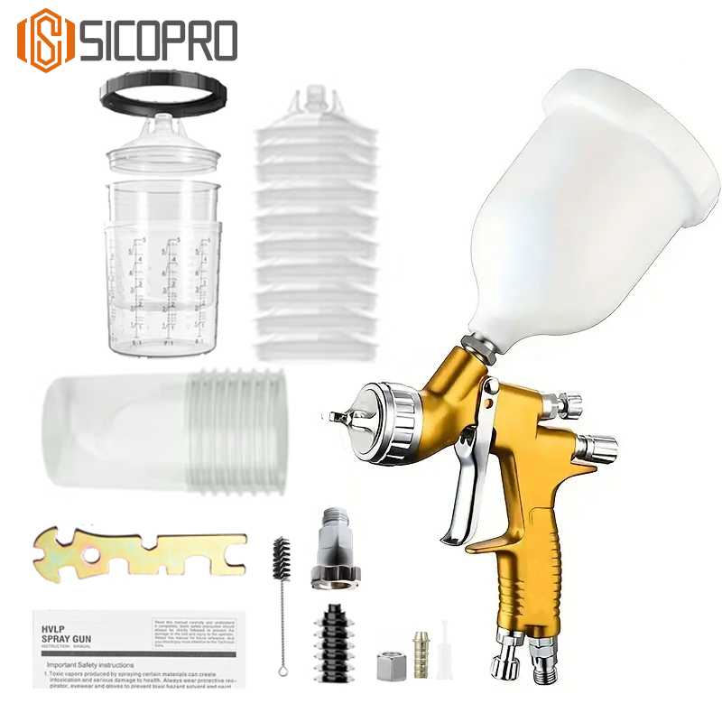 LVLP Spray Gun Kit with Disposable Paint Cup System – Gold Gravity Feed Gun with PPS Liners and Accessories