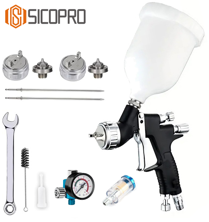 LVLP Gravity Feed Spray Gun Kit with 3 Nozzles 1.4/1.7/2.0mm – Automotive & Furniture Paint Sprayer with Regulator and Accessories