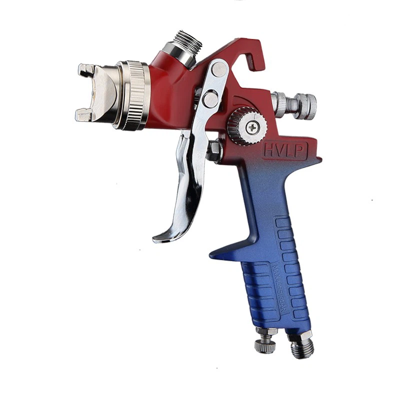 H-827A HVLP Air Spray Gun – Red Blue Gradient Body – High-Performance Bottom Feed Sprayer for Automotive & Wood Coating