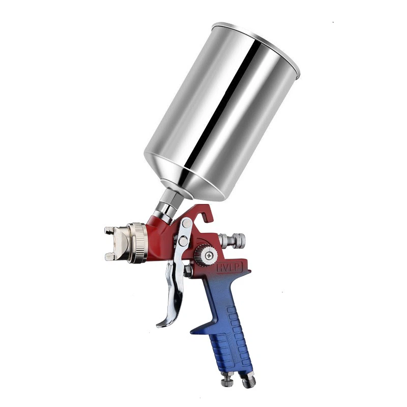 H-827A HVLP Air Spray Gun – Red Blue Gradient Body – High-Performance Bottom Feed Sprayer for Automotive & Wood Coating