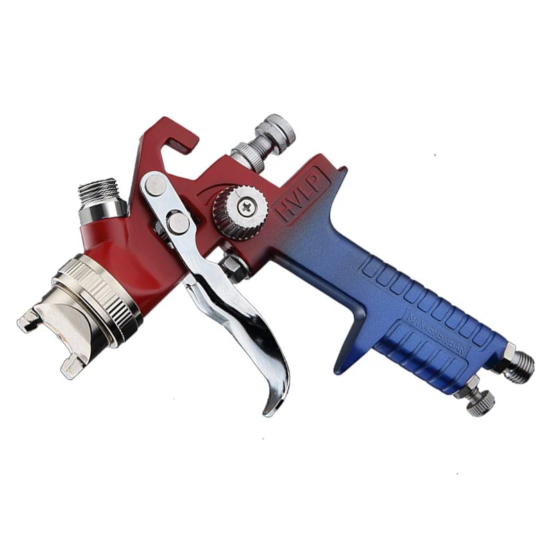 H-827A HVLP Air Spray Gun – Red Blue Gradient Body – High-Performance Bottom Feed Sprayer for Automotive & Wood Coating