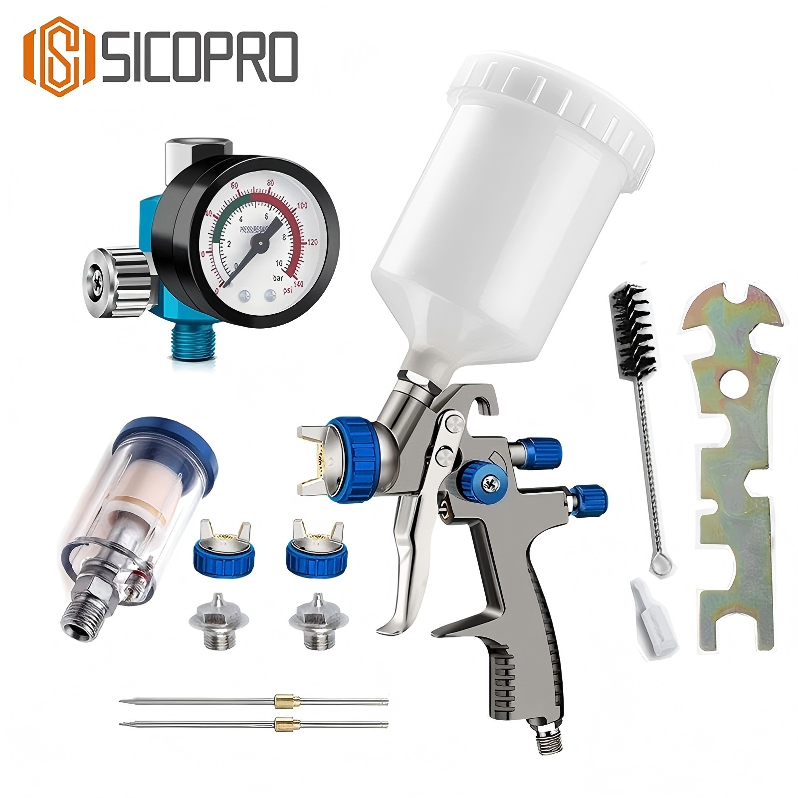 Blue LVLP Spray Gun with Pressure Regulator - Auto and Wood Finishing