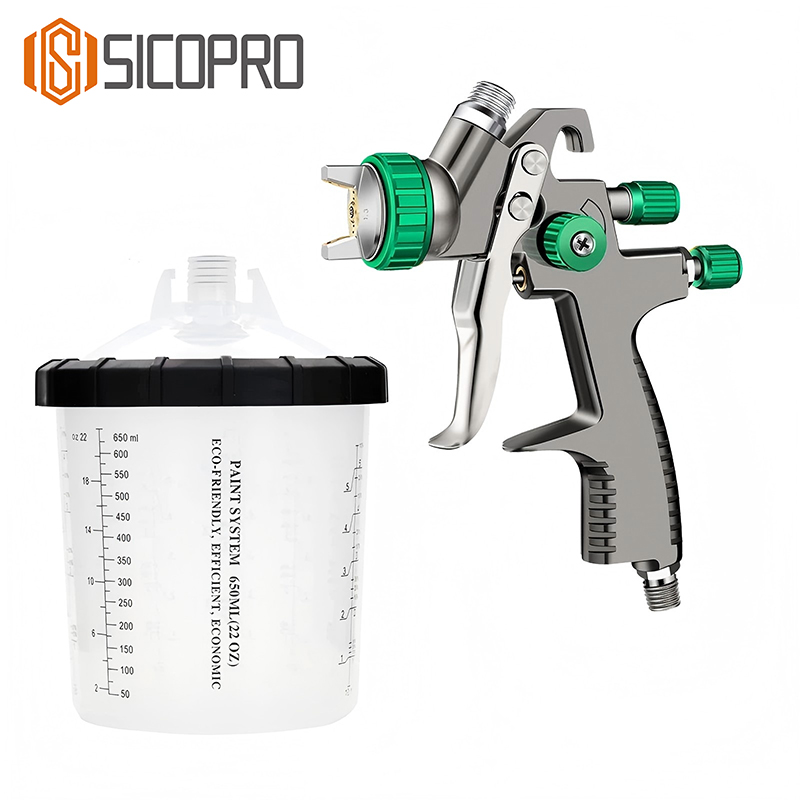 LVLP Spray Gun with 650ml Graduated Cup - Green Control Knobs