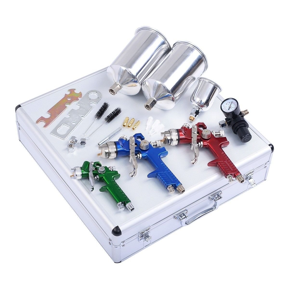 Professional HVLP Spray Gun Kit – 3 Gun Set with Aluminum Cups, Pressure Regulator & Cleaning Tools