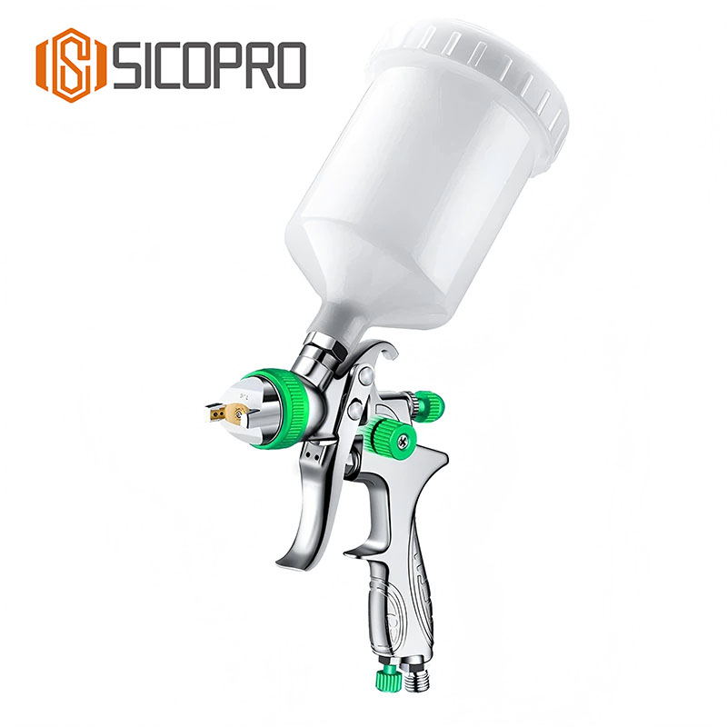 Silver LVLP Spray Gun with Green Control – 1.4mm Nozzle for Automotive Use
