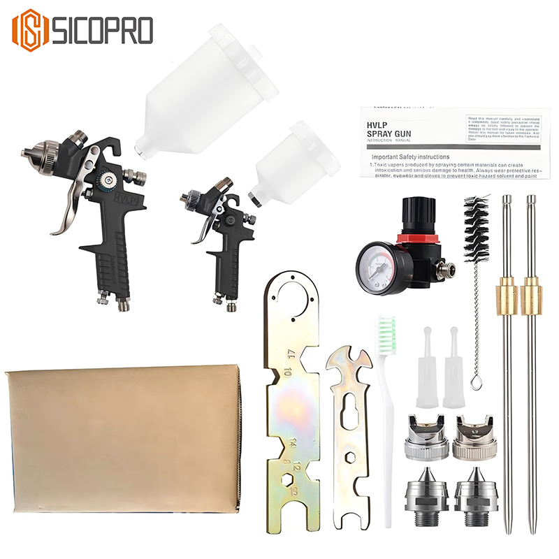 SK-827 LVLP Spray Gun Full Set - Dual Nozzles & Accessories for Refinished Painting