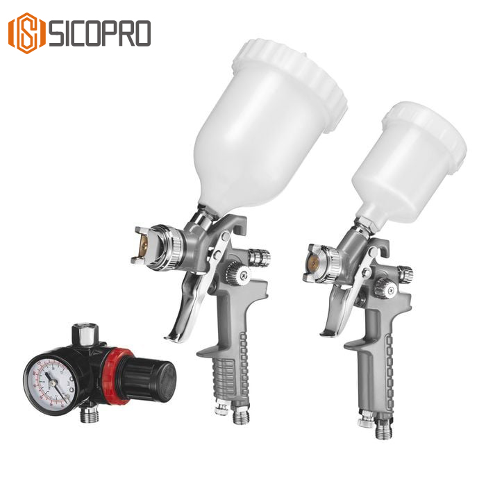 H-827P + H-2000P LVLP Spray Gun Kit (Grey) with MF-05 Regulator – Gravity Feed Guns with Plastic Cups