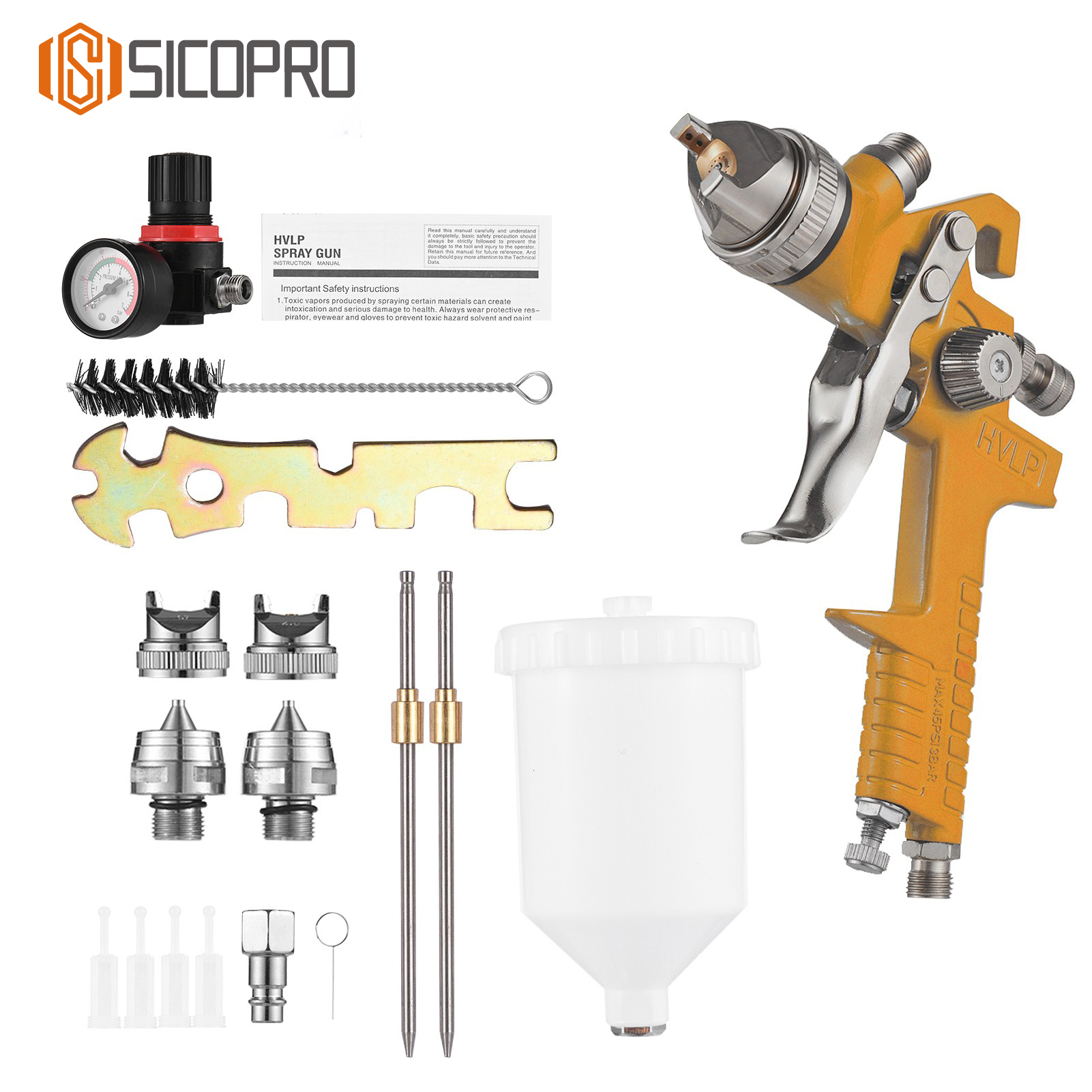 SICOPRO H-827P LVLP Spray Gun Kit with 3 Nozzles – Professional Automotive Paint Tool Set