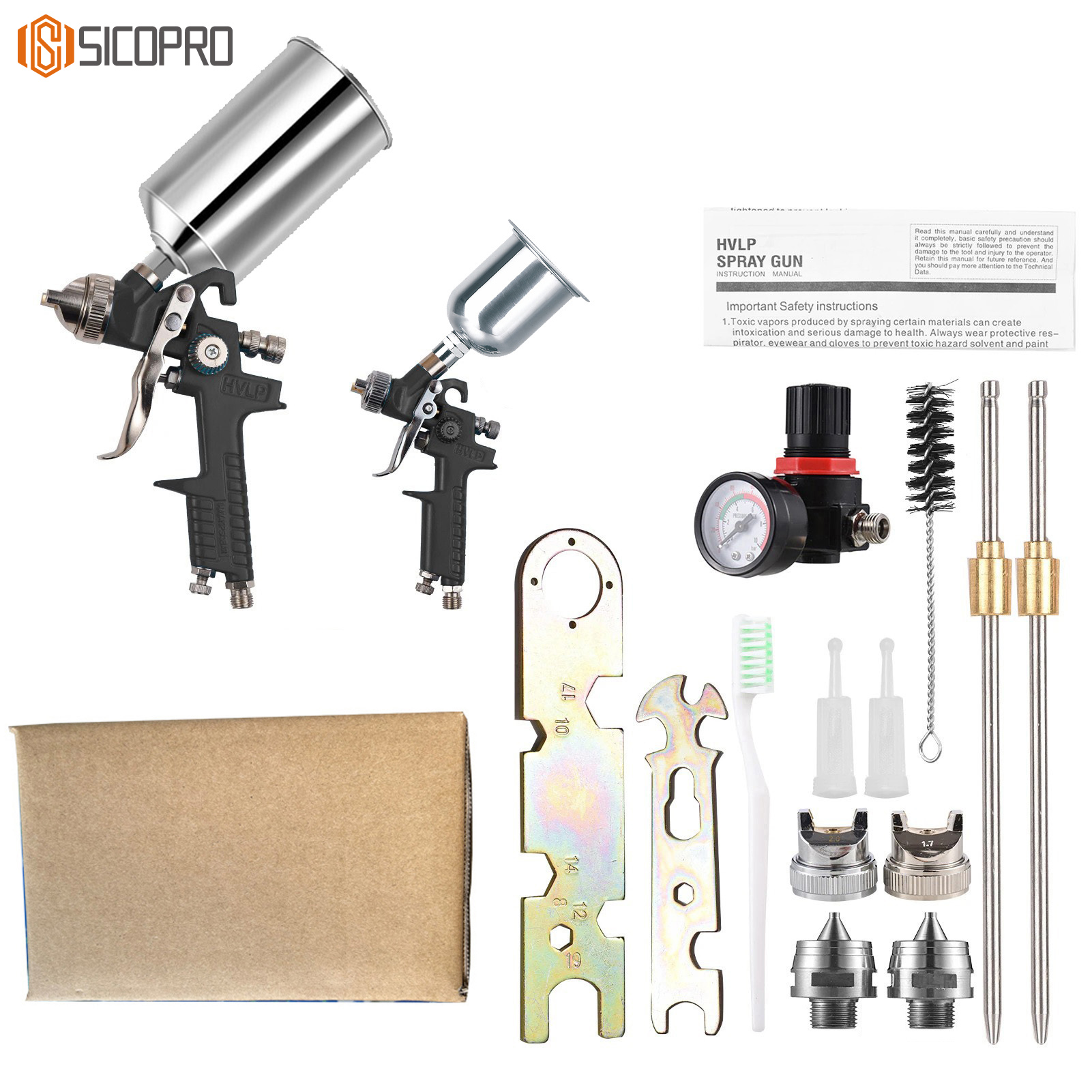 SICOPRO Black LVLP Spray Gun Set – H-827P & H-2000P with Aluminum Cups and Accessories in Kraft Box