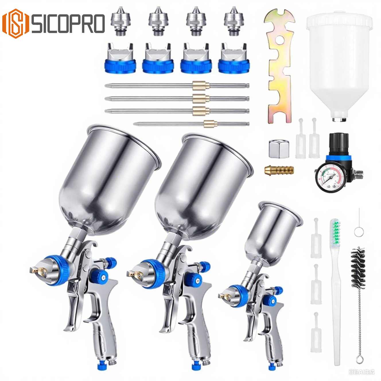 H-887P LVLP Spray Gun Kit – Blue 3-Gun Set with Aluminum Cups & MF-05 Regulator