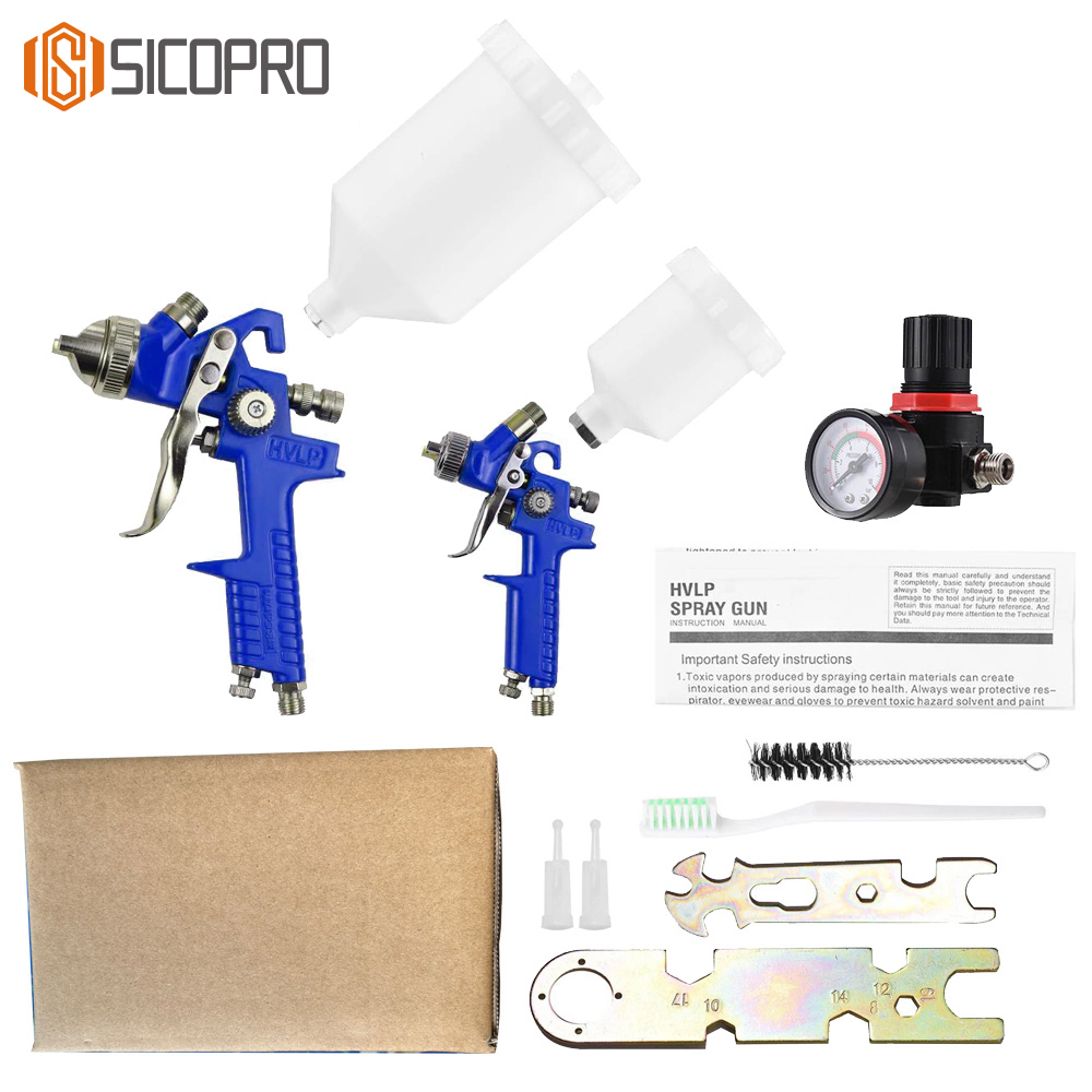 SICOPRO Blue LVLP Spray Gun Set – H-827P & H-2000P with Plastic Cups and Tools in Kraft Box