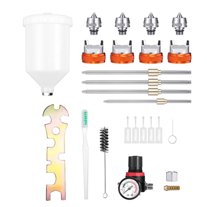 H-887P LVLP Black & Orange Spray Gun Kit – 2 Full Size + 1 Mini with Aluminum Cups & MF-05 Regulator