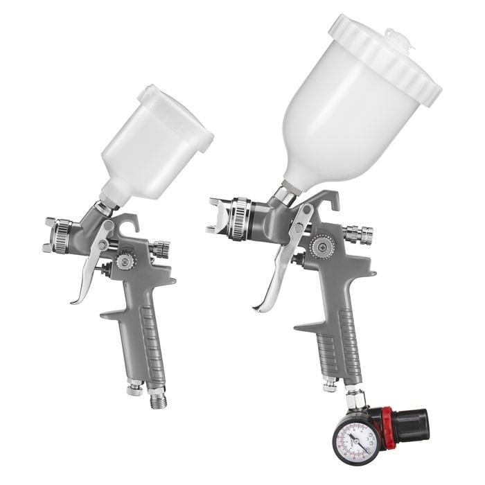 H-827P + H-2000P LVLP Spray Gun Kit (Grey) with MF-05 Regulator – Gravity Feed Guns with Plastic Cups