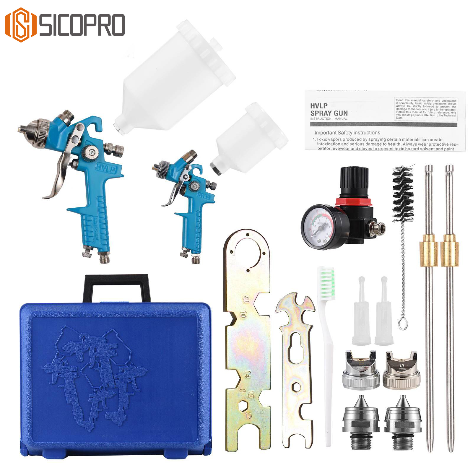 H-827P+H-2000P LVLP Sky Blue Spray Gun Kit with Plastic Cups and Case