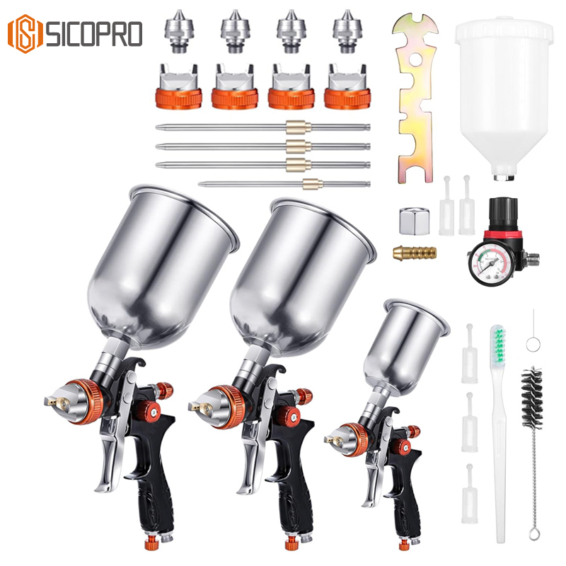 H-887P LVLP Black & Orange Spray Gun Kit – 2 Full Size + 1 Mini with Aluminum Cups & MF-05 Regulator