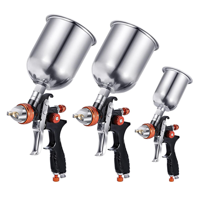 H-887P LVLP Black & Orange Spray Gun Kit – 2 Full Size + 1 Mini with Aluminum Cups & MF-05 Regulator