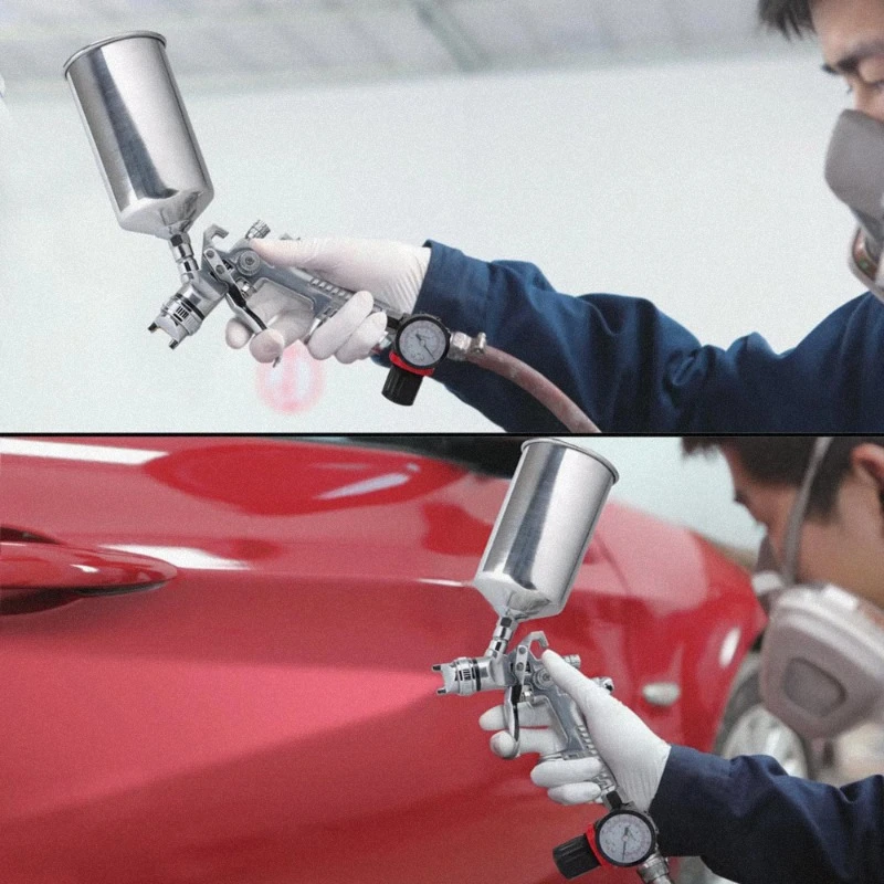 H-827P LVLP Gravity Feed Spray Gun Set with Aluminum Cup – Professional Automotive & Wood Finishing Tool Kit