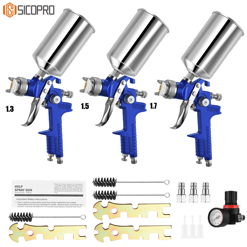 Sicopro H-827P LVLP Spray Gun Kit – 1.3/1.5/1.7mm Nozzles with Aluminum Cups for Auto & Furniture Painting
