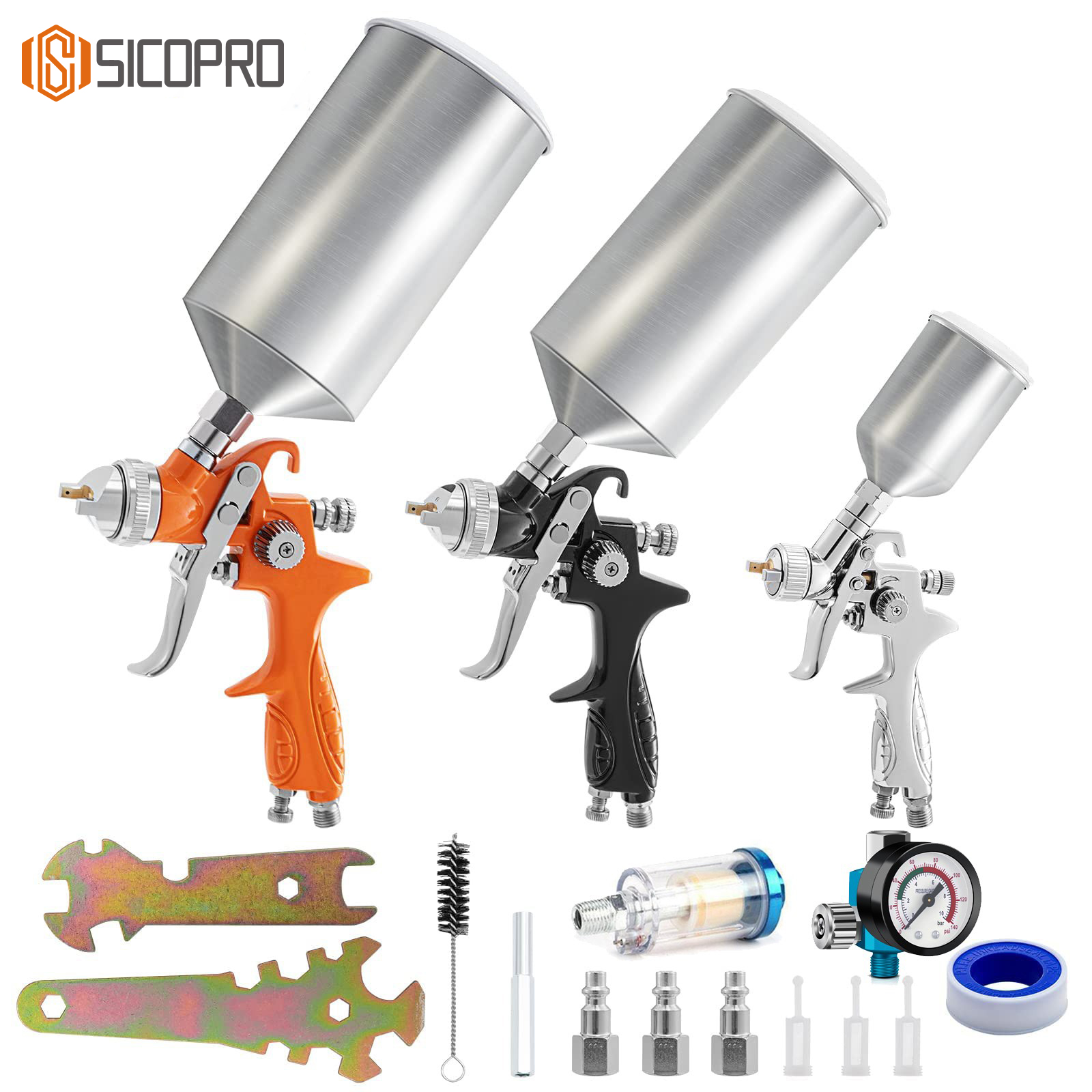 H-887P LVLP Spray Gun Aluminum Cup Set – 2 Full Size + 1 Mini Gun with Regulator & Filter Kit