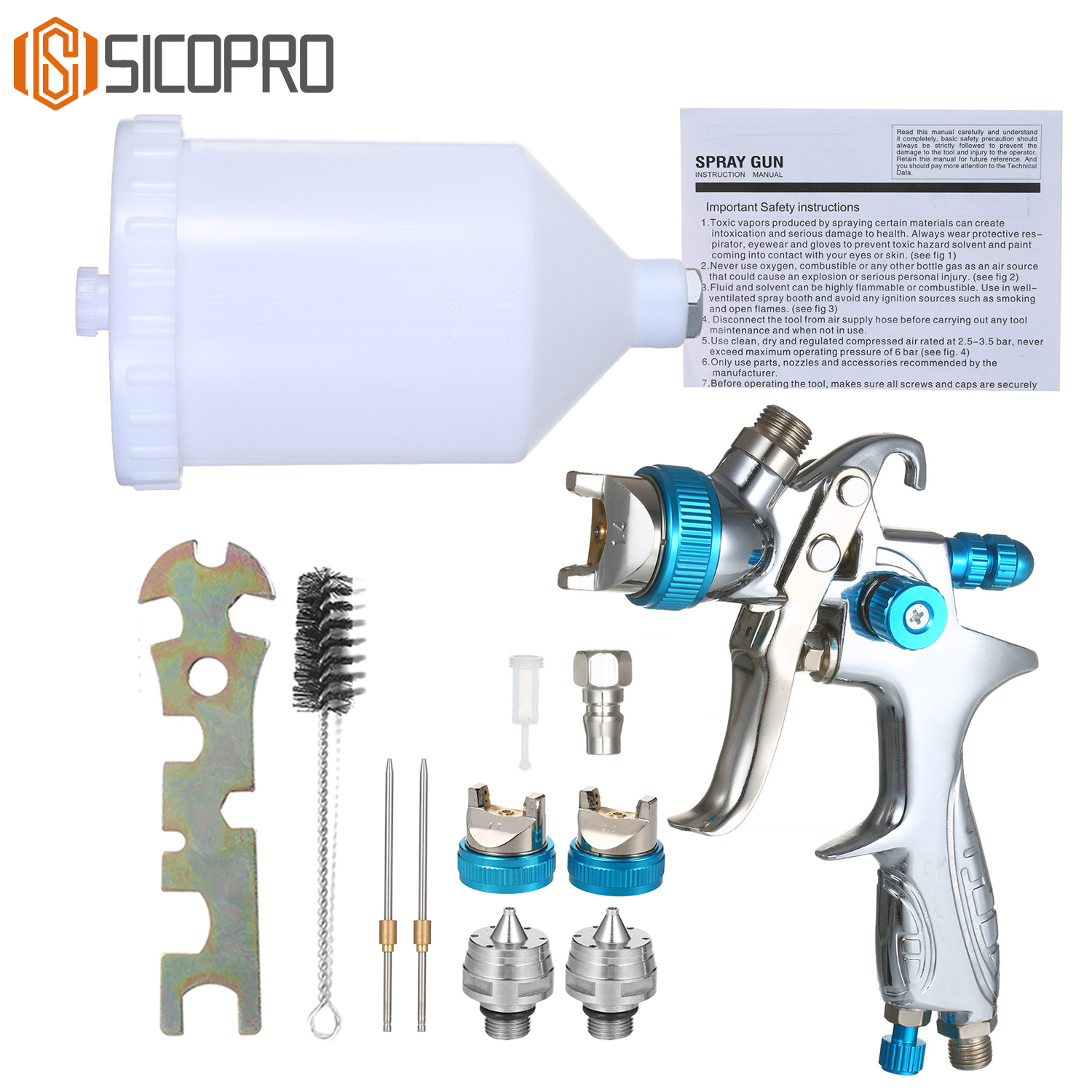 H-887P HVLP Spray Gun Kit – 3 Nozzles, Needles & Caps with Cleaning Tools