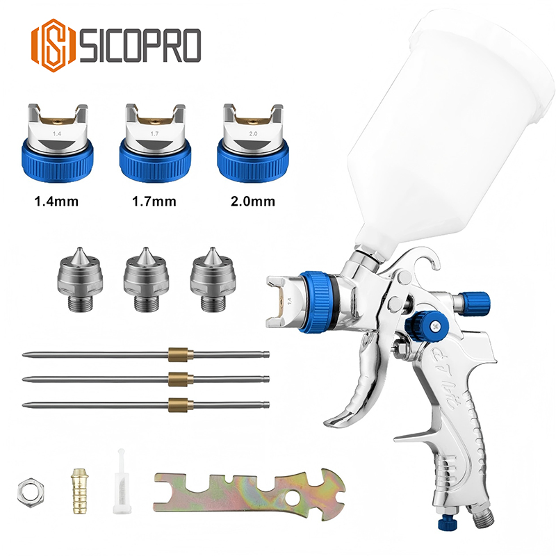 SICOPRO LVLP Spray Gun Set with 3 Nozzles (1.4/1.7/2.0mm) - Blue Adjustable Gravity Feed Paint Gun