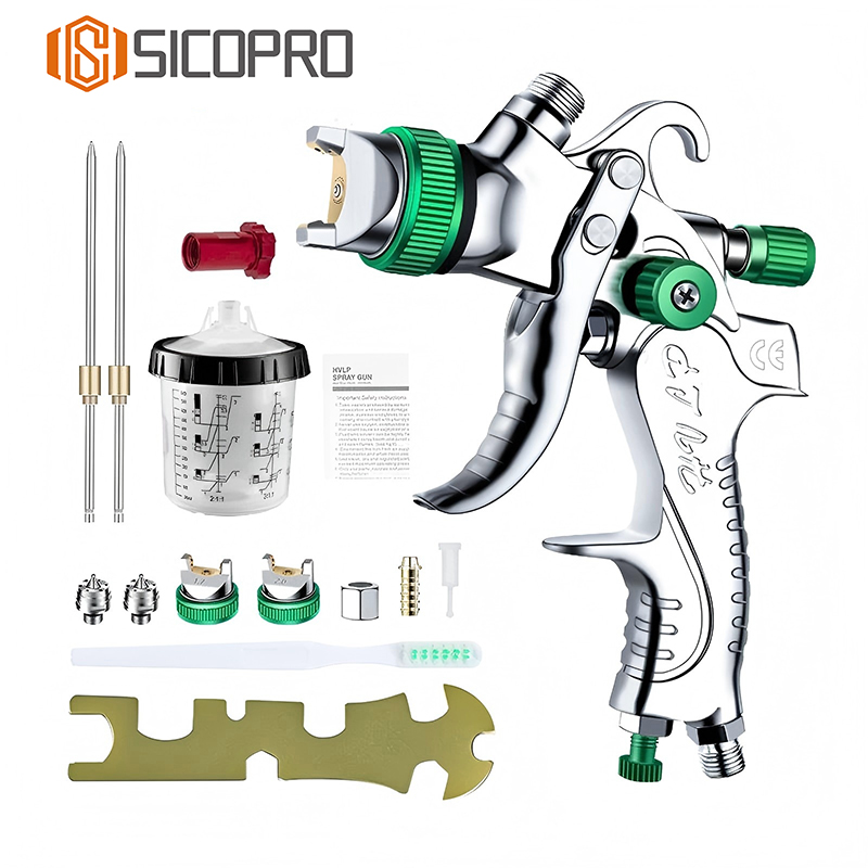 SICOPRO Green LVLP Spray Gun Set with Black Graduated Cup and Multiple Nozzles