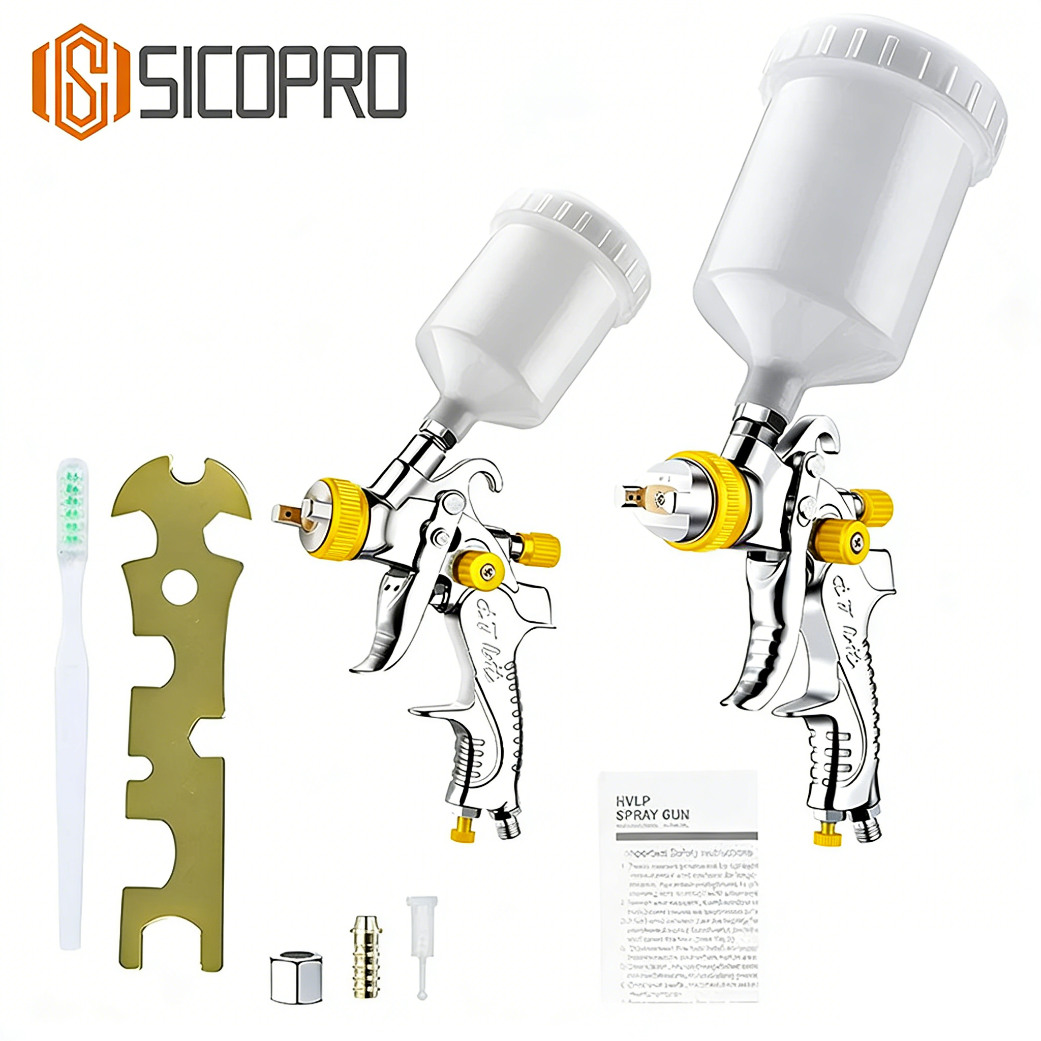 SICOPRO Yellow LVLP Spray Gun Kit - 2 Gravity Feed Guns with Full Accessories