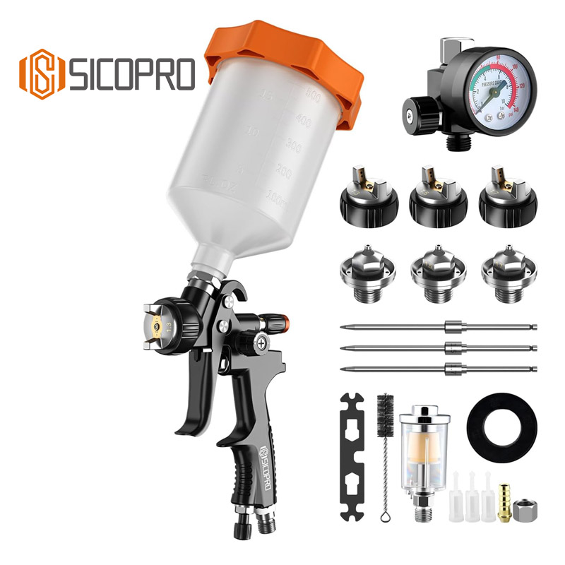 SICOPRO SK100A HVLP Spray Gun Kit with 3 Nozzle Sets – Professional Gravity Feed Paint Sprayer for Automotive, Furniture, and DIY Projects