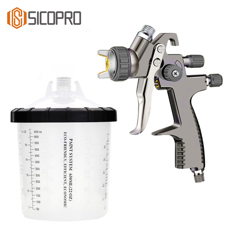 Sicopro SK-2011 LVLP Spray Gun with 650ml Disposable Cup – Gray Gravity Feed Paint Gun for Automotive & Industrial Use