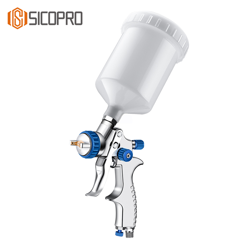 SK-2010 LVLP Gravity Spray Gun – Chrome Body with Blue Knobs for Automotive & Furniture Coating