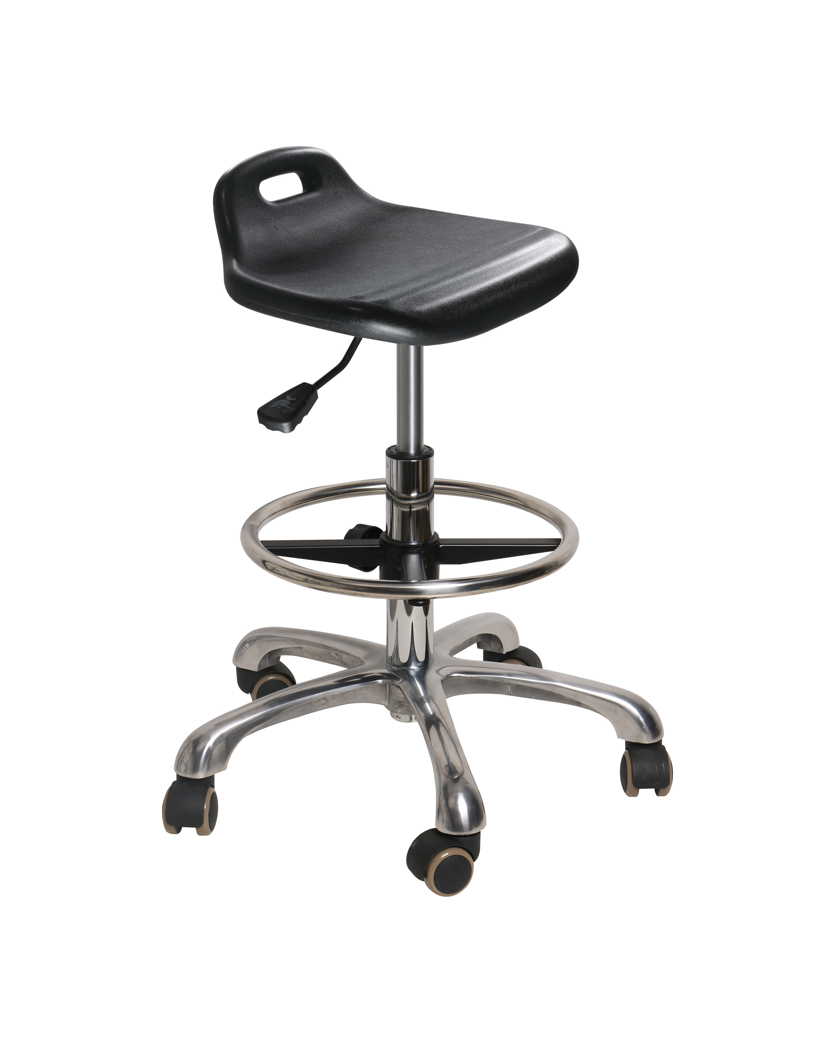 Black Industrial Polyurethane Lab Chair with Chrome Foot Ring and Rolling Casters Laboratory Chair