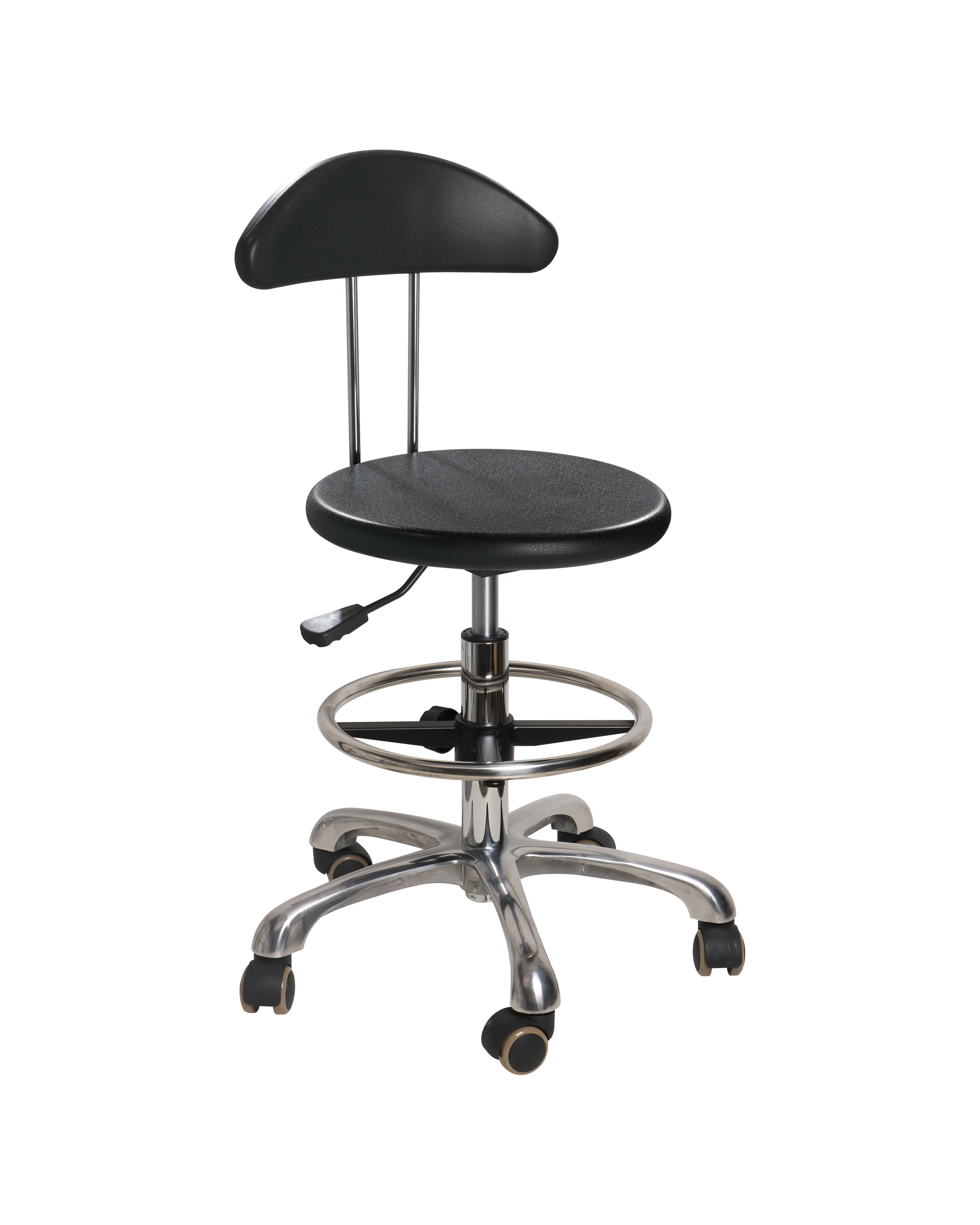 Industrial Polyurethane Rolling Chair with Chrome Foot Ring and Casters Lab Stool
