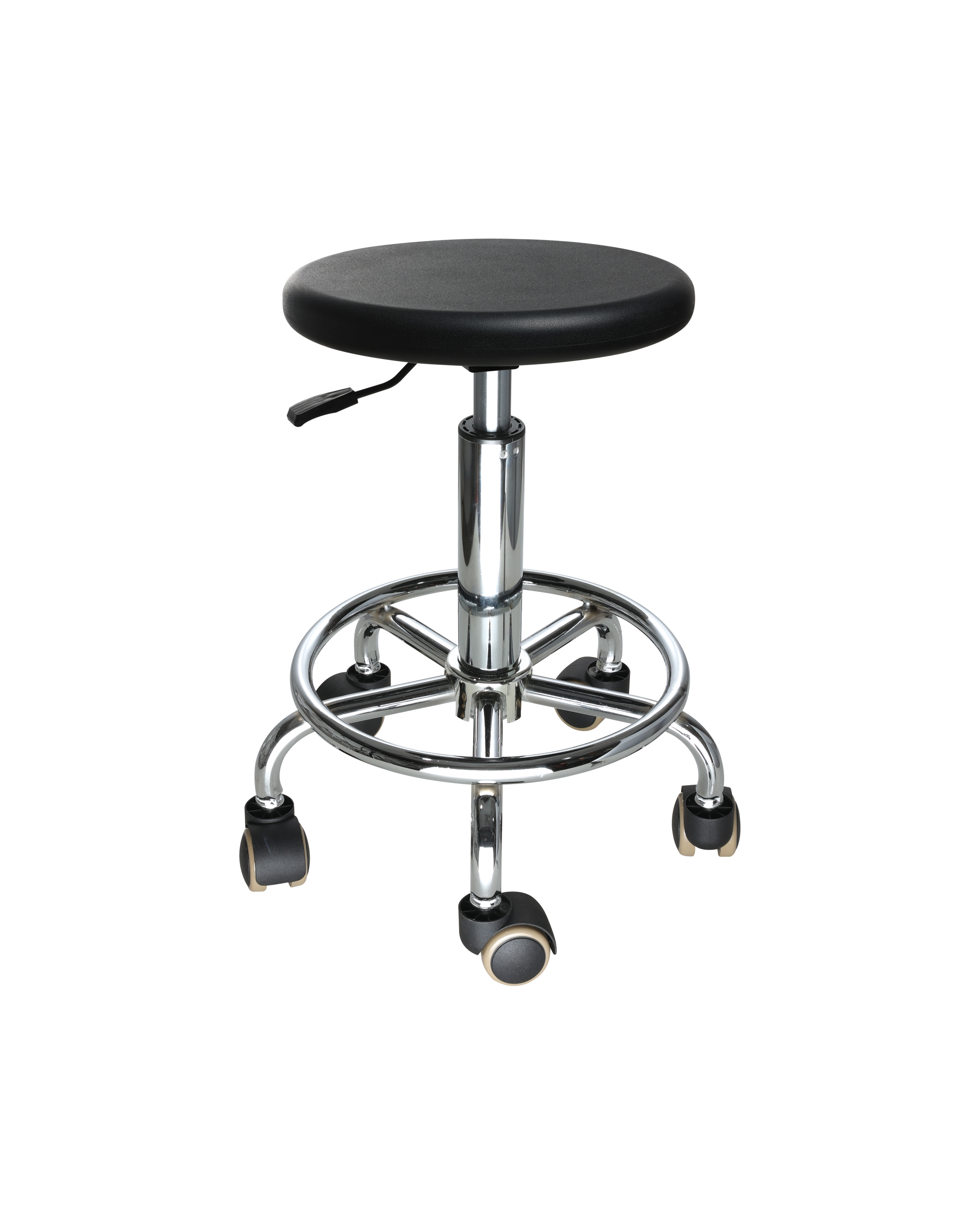 Industrial Polyurethane Rolling Chair with Chrome Foot Ring and Casters Lab Stool