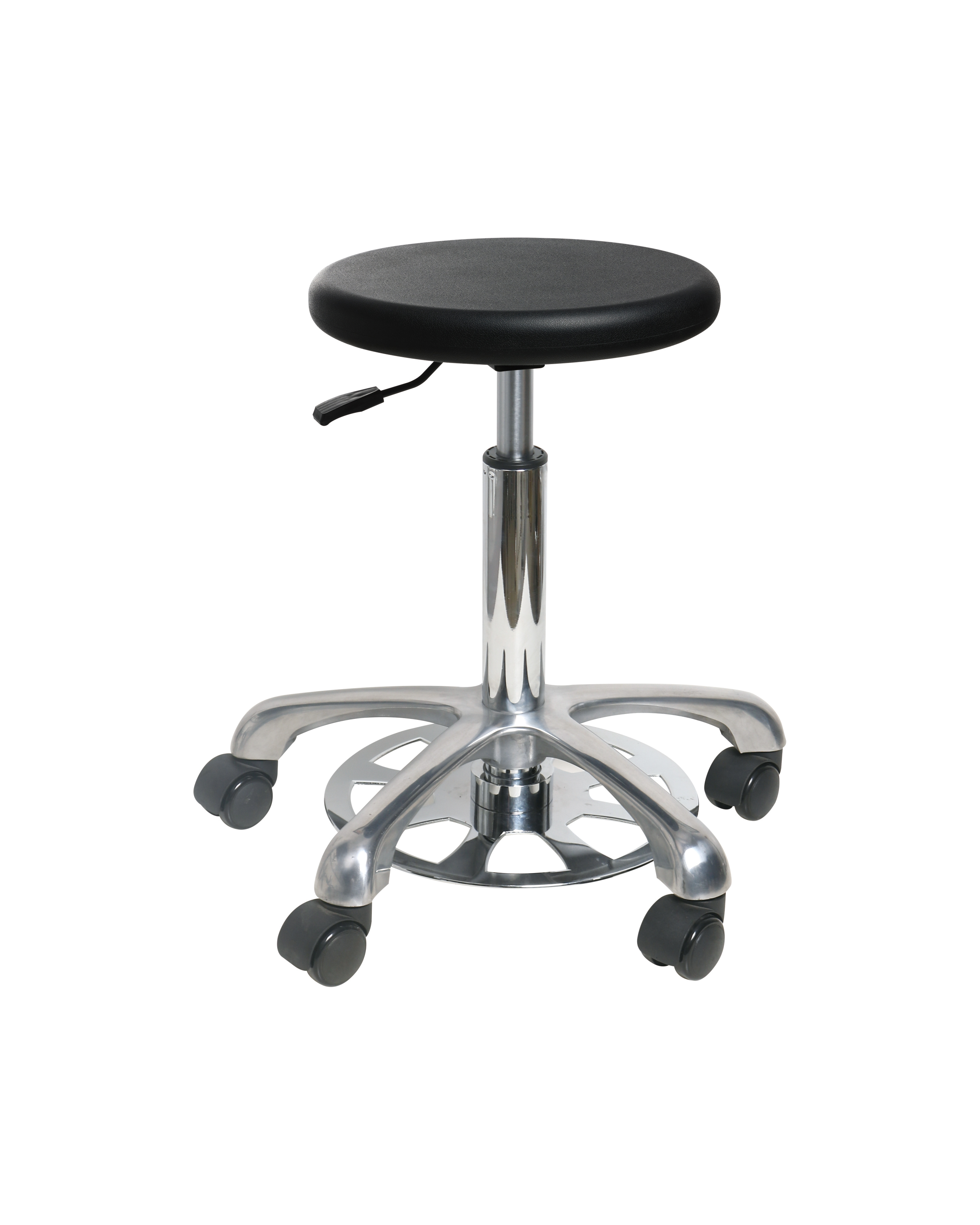 Industrial Polyurethane Rolling Chair with Chrome Foot Ring and Casters Lab Stool