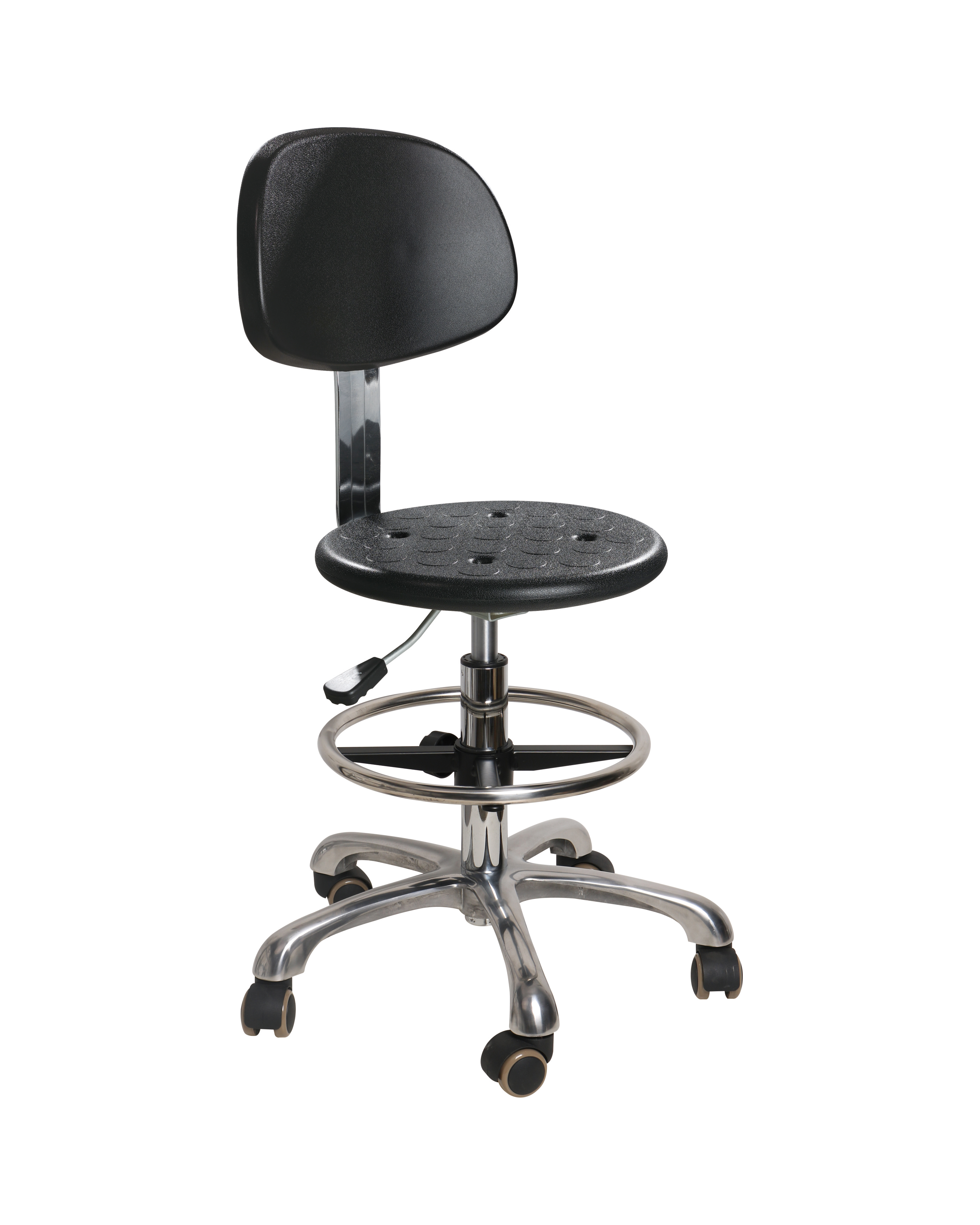 Industrial Polyurethane Seating with Chrome Foot Ring and Casters Laboratory Stool