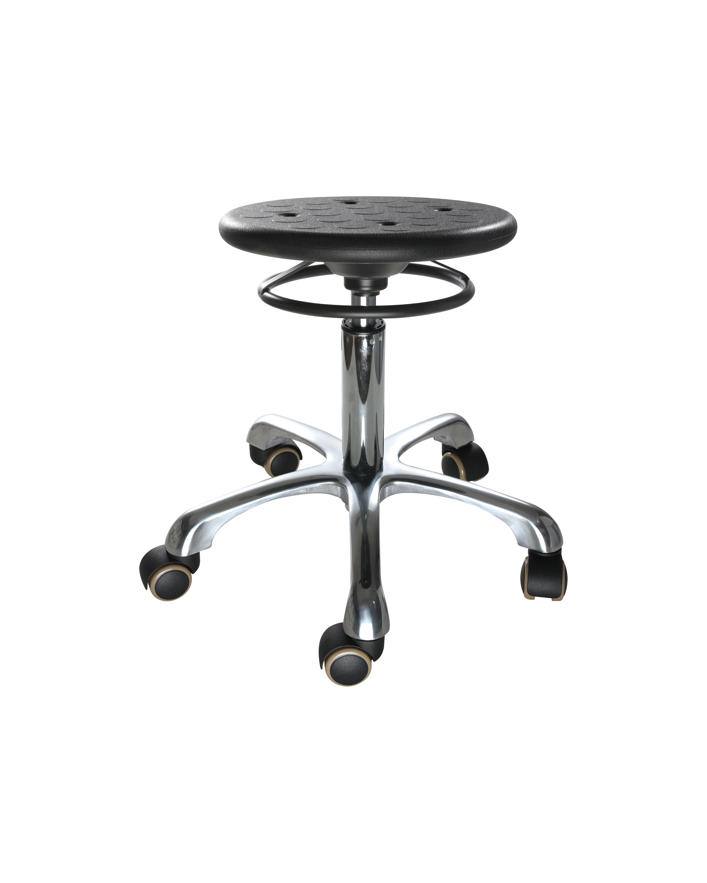Industrial Polyurethane Seating with Chrome Foot Ring and Casters Laboratory Stool