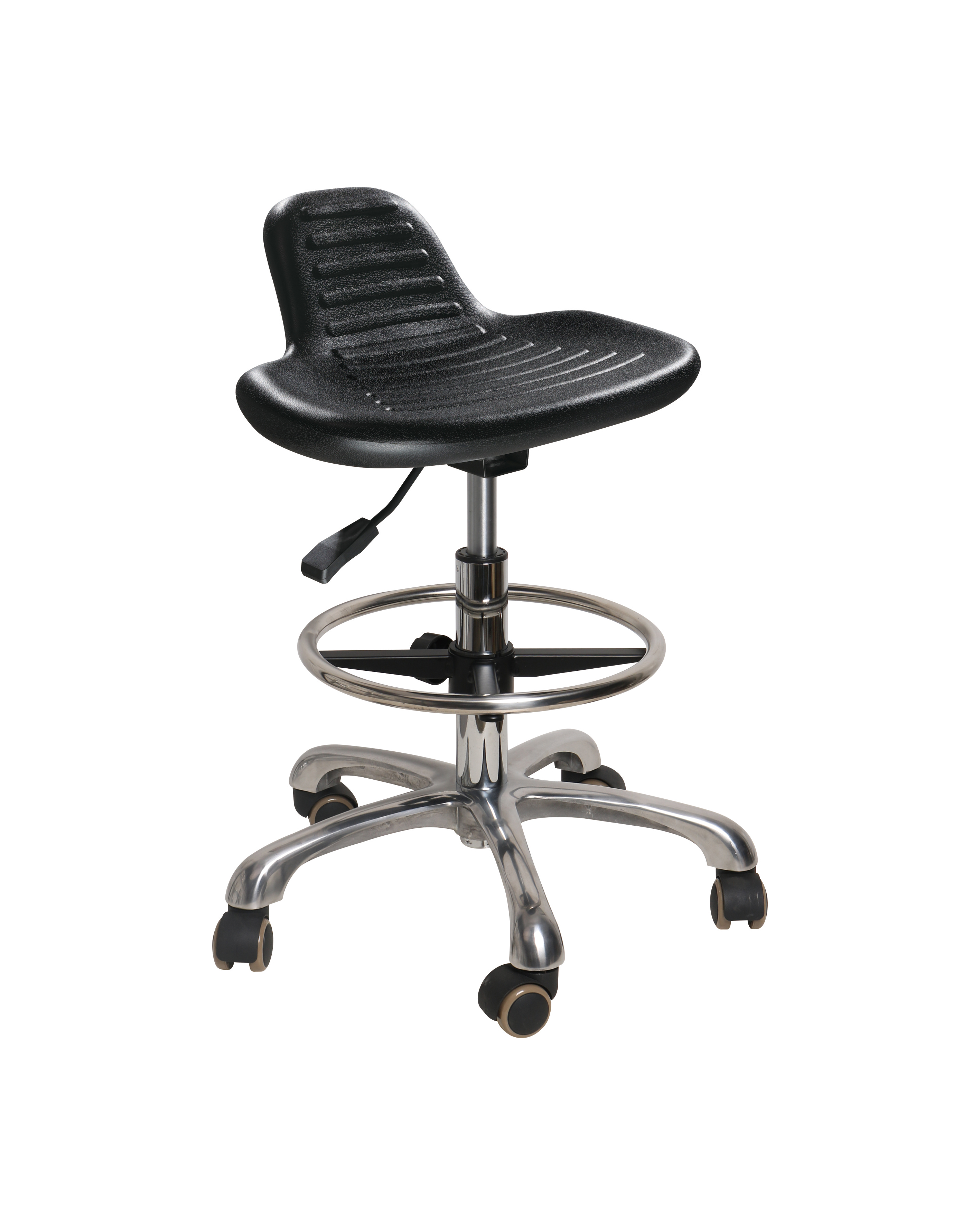 Black Polyurethane Adjustable Stool with Chrome Foot Ring and Casters Laboratory Stool