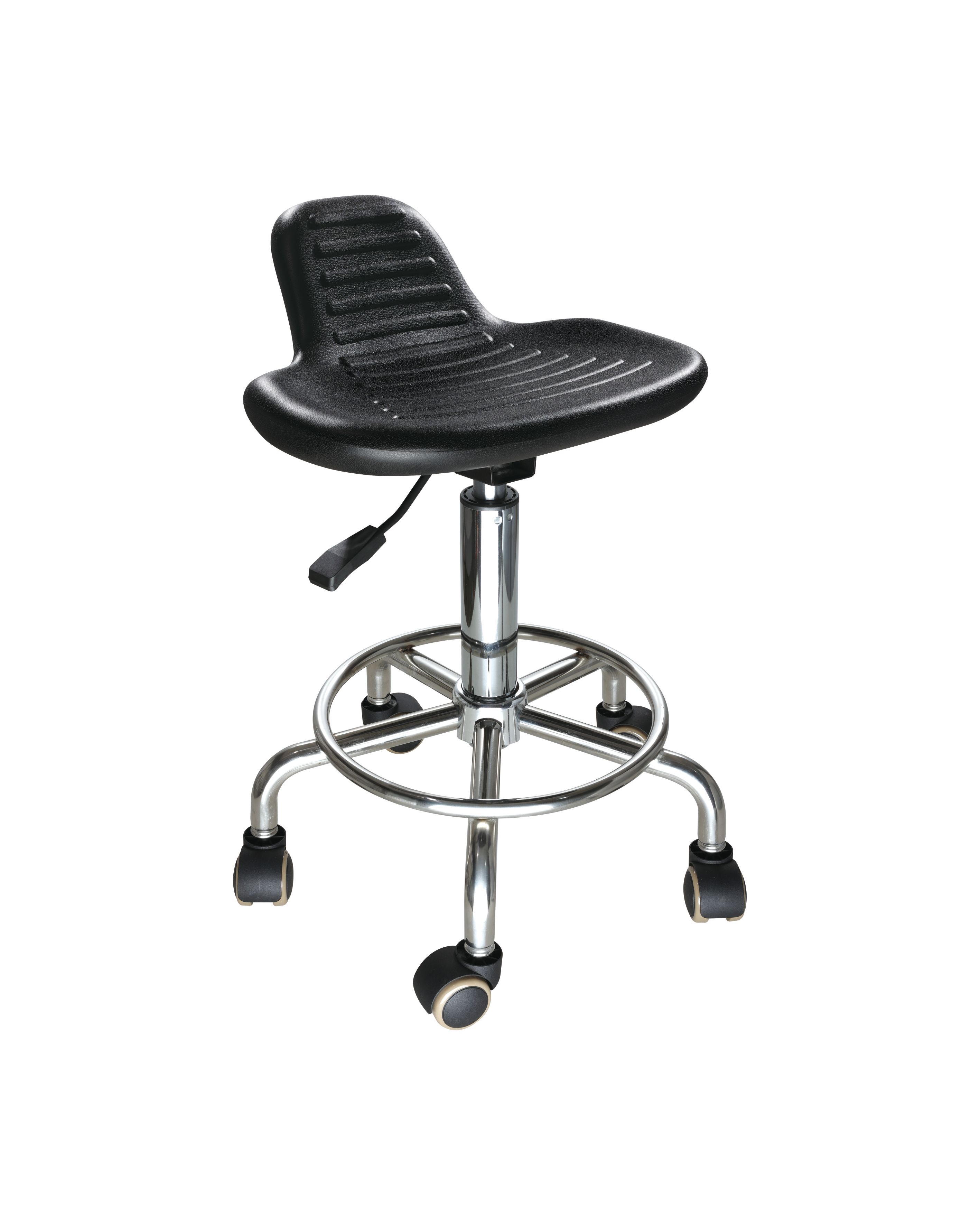 Black Polyurethane Adjustable Stool with Chrome Foot Ring and Casters Laboratory Stool